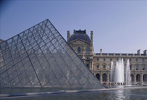 卢浮宫,全视图,金字塔,喷泉