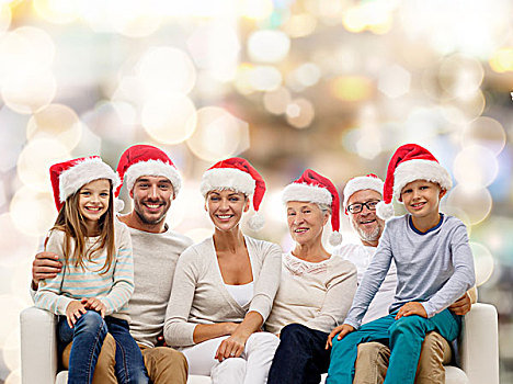 家庭,高兴,休假,人,概念,幸福之家,圣诞老人,帽子,坐,沙发,上方,背景