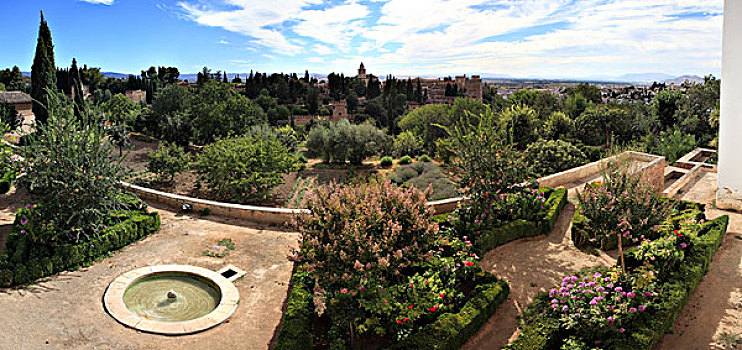 喷泉,风景,宫殿,轩尼洛里菲花园,全景,阿尔罕布拉,格林纳达,格拉纳达,安达卢西亚,西班牙