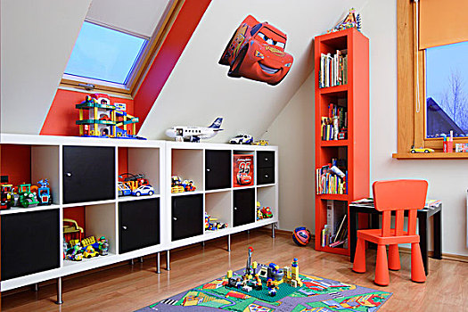 现代,餐具柜,黑色,红色,椅子,高,架子,阁楼,卧室