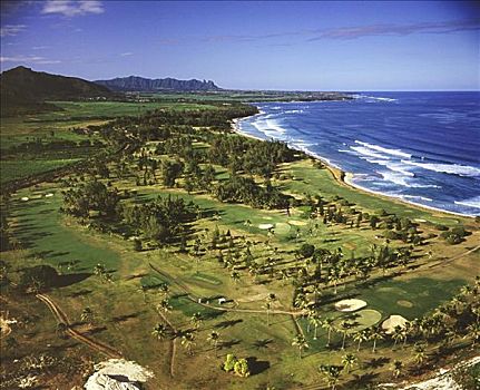 夏威夷,考艾岛,威陆亚,城市,高尔夫球场,场地,海洋,俯视