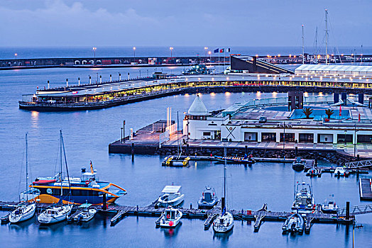 葡萄牙,亚速尔群岛,岛屿,俯视图,码头,黎明