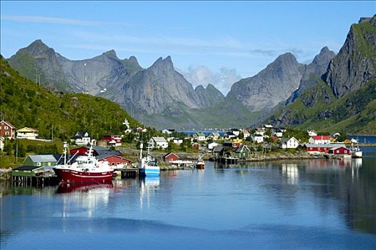 山峦,船,房子,反射,峡湾,罗弗敦群岛,挪威