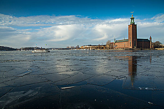 冰,海洋,斯德哥尔摩,市政厅,背景,瑞典