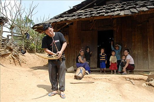 洪族人,音乐人,玩,乡村,传统,器具,省,老挝,东南亚