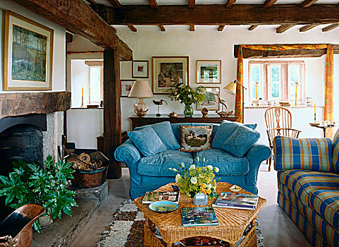 藤条,茶几,淡蓝色,沙发,正面,壁炉,乡村,客厅,天花板