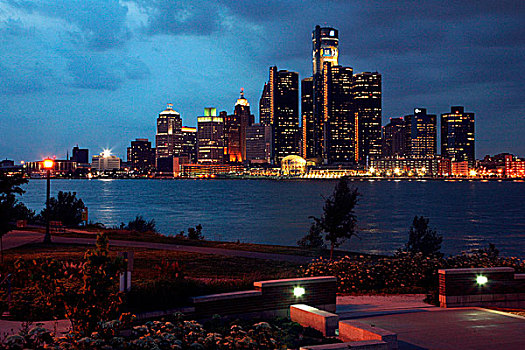 夜景照明,底特律,河,市区,天际线,背景
