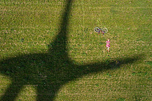 女孩,自行车,旁侧,影子,现代,风轮机