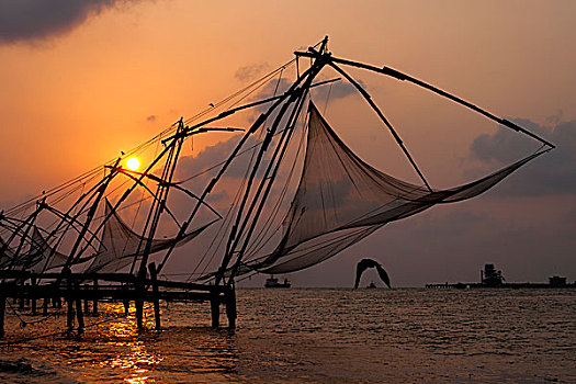 日落,上方,中国,渔网
