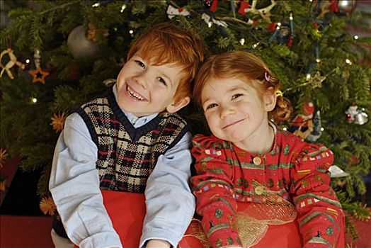 两个孩子,圣诞礼物,圣诞树