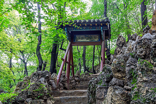 假山绿荫小径中式门楼,山西省太原市晋祠园林景观