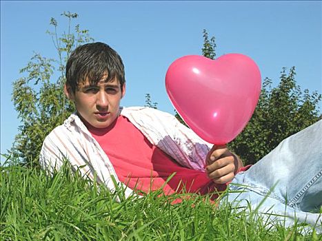 男性,青少年,相爱,粉色,气球,手