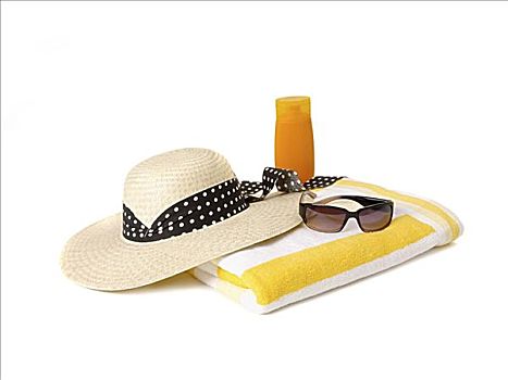 墨镜,沙滩巾,太阳帽,防晒霜