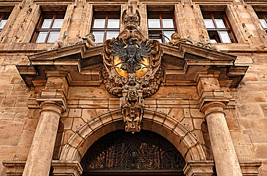 正门入口,盾徽,德国,国家,文艺复兴,市政厅,16世纪,世纪,纽伦堡,中间,弗兰克尼亚,巴伐利亚,欧洲