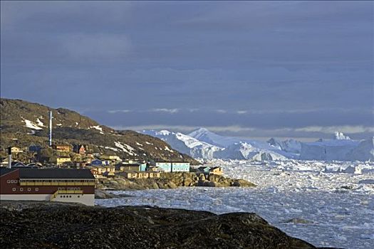 格陵兰,伊路利萨特,世界遗产,入口,城镇,展示,散开,大,扁平,冰山,背景