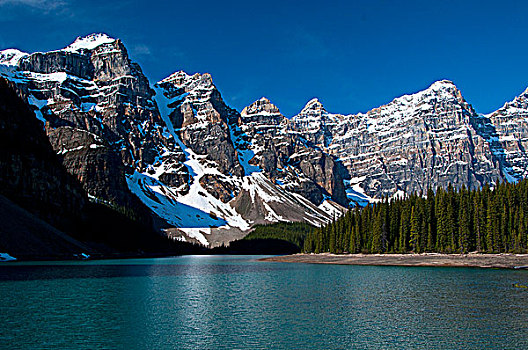 湖,正面,山脉,冰碛湖,顶峰,班芙国家公园,艾伯塔省,加拿大