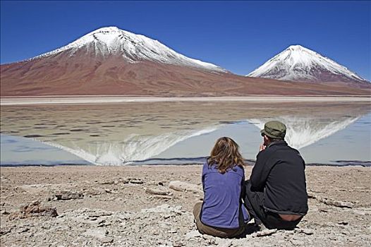 男人,女人,泻湖,火山,右边,玻利维亚,靠近,边界,智利,南美