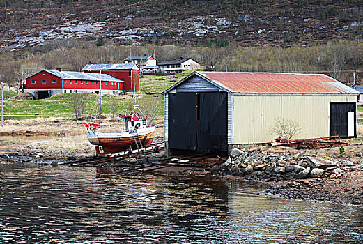 传统,挪威,木质,谷仓,小,渔船,海岸