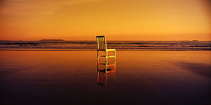 椅子,海滩,反射,湿,沙子,日落