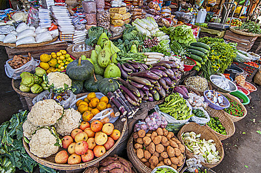 蔬菜,新鲜水果,出售,市场,靠近,蒲甘,缅甸