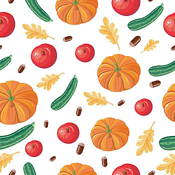 秋天,丰收,概念,矢量,无缝,图案,设计,成熟,南瓜,夏南瓜,苹果,橡子,橡树叶,白色背景,背景,蔬菜,装饰,包装,食物杂货,广告,插画