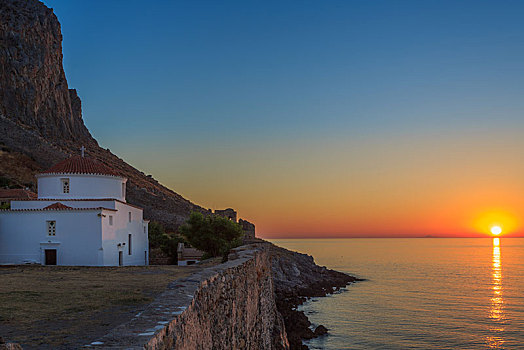 教堂,日出,摩涅姆瓦西亚,伯罗奔尼撒半岛,希腊,欧洲