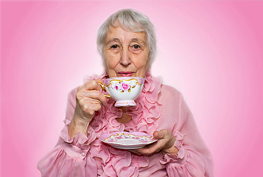 老年,女人,享受,茶杯