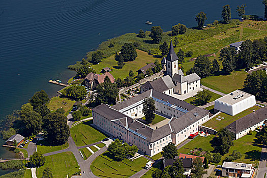 教堂,湖,航拍,卡林西亚,奥地利,欧洲