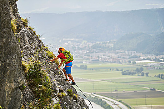 登山,攀登,橙色,头盔,因斯布鲁克,提洛尔,奥地利,欧洲