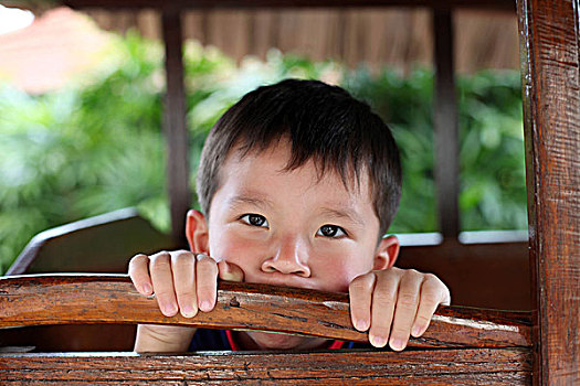 孩子,亚洲人,男孩,后面,木头,屏障