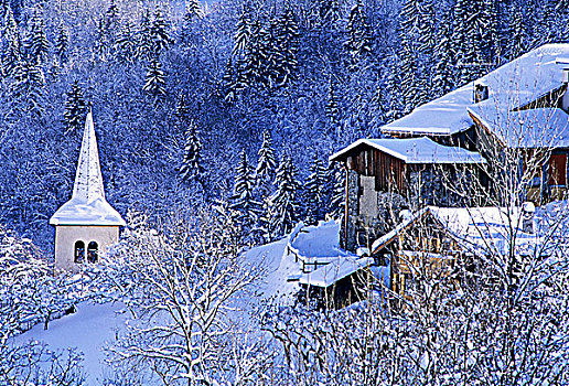 法国,阿尔卑斯山,圣徒,木制屋舍,教堂,雪