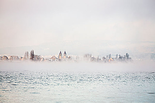 岛屿,坝,康士坦茨湖,早晨,气氛,初雪,雾,巴登符腾堡,德国,欧洲