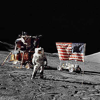 阿波罗17号,宇航员,站立,靠近,美国国旗,月球表面