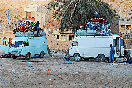 algeria,melika,men,loading,carpets,on,to,vehicles,by,tree,with,buildings,in,the,background