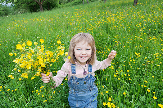 女孩,5岁,花束,春天,草地