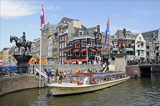 骑士纪念碑,皇后,码头,城市,旅游,运河,船,阿姆斯特丹,荷兰,欧洲