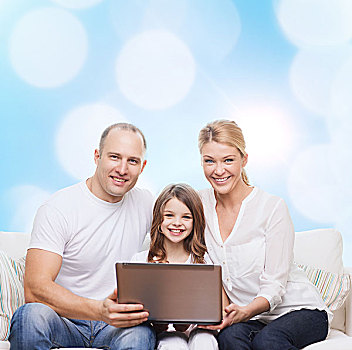 家庭,孩子,休假,科技,人,概念,微笑,笔记本电脑,上方,蓝色,背景