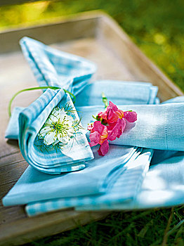 特写,花,蓝色背景,餐巾,花园,厨房