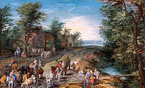 道路,场景,旅行者,牛,早,17世纪,艺术家,老人