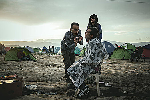 难民,露营,希腊,马其顿,边界,理发师,剃刀,移民,中马其顿,欧洲