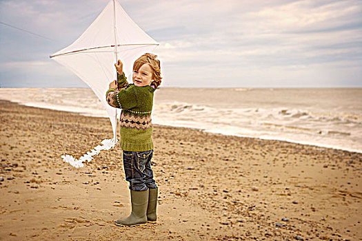 男孩,海滩,拿着,风筝