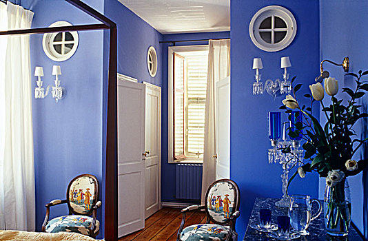 漂亮,卧室,一对,壁灯,放置,完美,对称,入口,收集,有色玻璃,边桌,记事本,蓝色