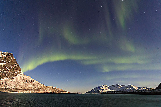 北极光,月亮,反射,寒冷,海洋,极地,夜晚,阿尔卑斯山,挪威,欧洲