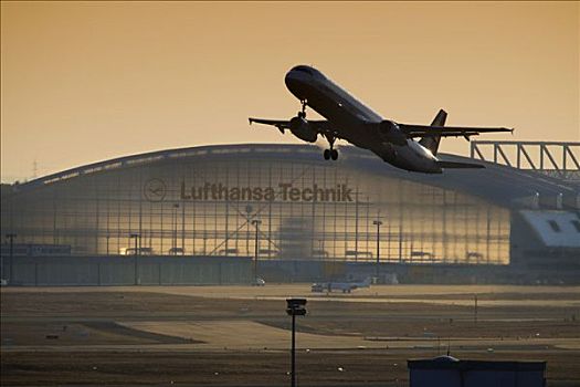 汉莎航空公司,空中客车,起飞,黄昏,技术,飞机库,背景,法兰克福,国际机场,黑森州,德国,欧洲