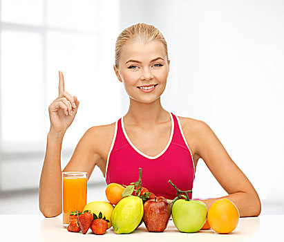 健身,节食,概念,美女,有机食品,水果,拿着,手指,向上