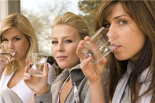 头像,三个女人,年轻,喝,葡萄酒