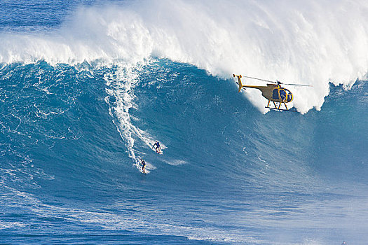 夏威夷,毛伊岛,颚部,直升飞机,两个,冲浪,乘,巨大,波浪