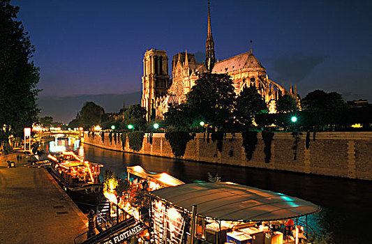 法国,巴黎,巴黎圣母院,塞纳河,黄昏
