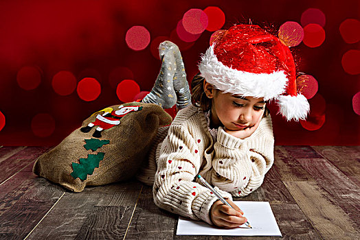 可爱,小女孩,戴着,圣诞帽,文字,圣诞老人,木地板,冬服,圣诞节,红色,背景