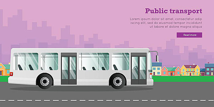 白色,城市,公共交通,大城市,乘客,巴士,两个,自动,门,驾驶,途中,长,汽车,高,摩天大楼,低,房子,紫色,背景,矢量,插画